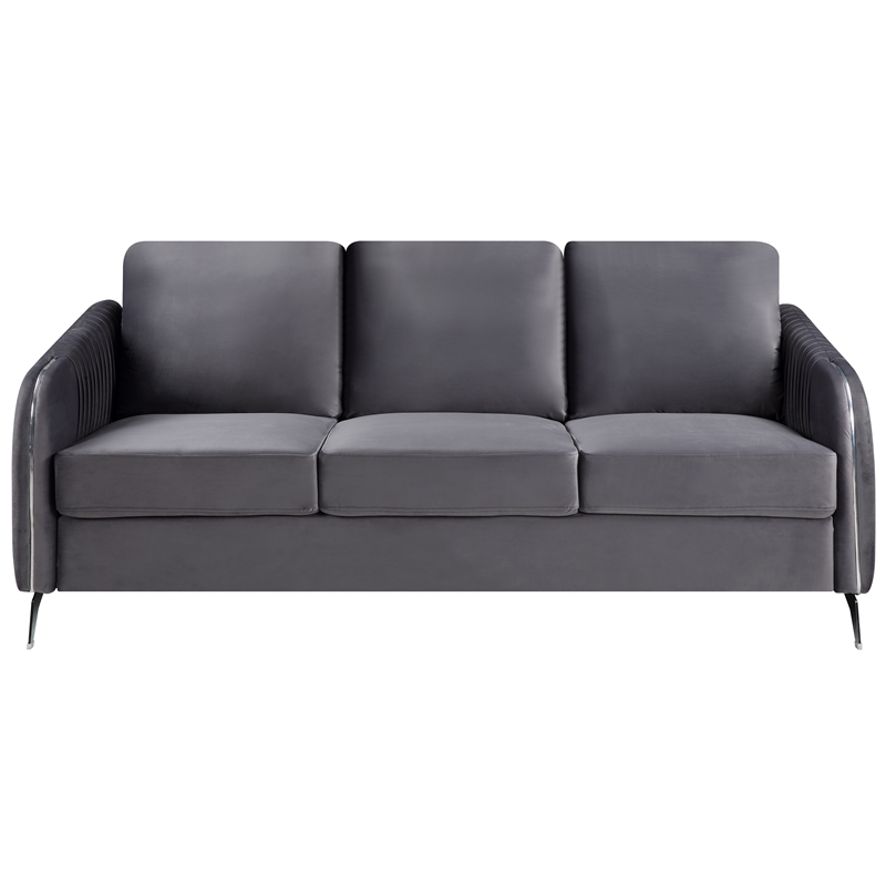 Pemberly Row Gray Velvet Elegant Modern Chic Sofa Couch with Chrome Metal Legs