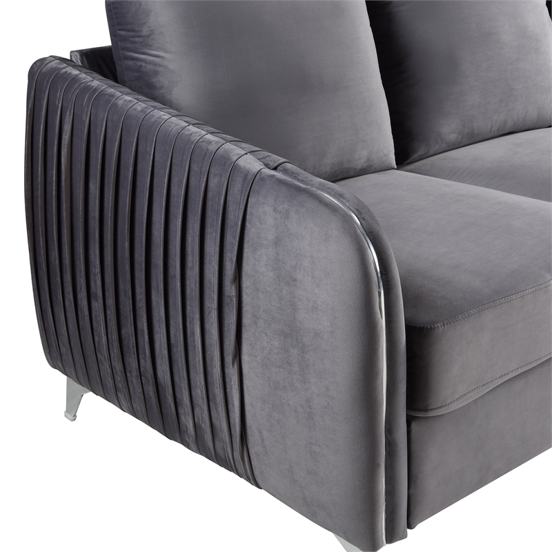 Pemberly Row Gray Velvet Elegant Modern Chic Sofa Couch with Chrome Metal Legs