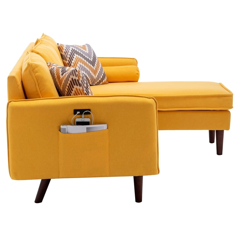 Pemberly Row Fabric Sectional Sofa Chaise with USB Charger & Pillows in Yellow