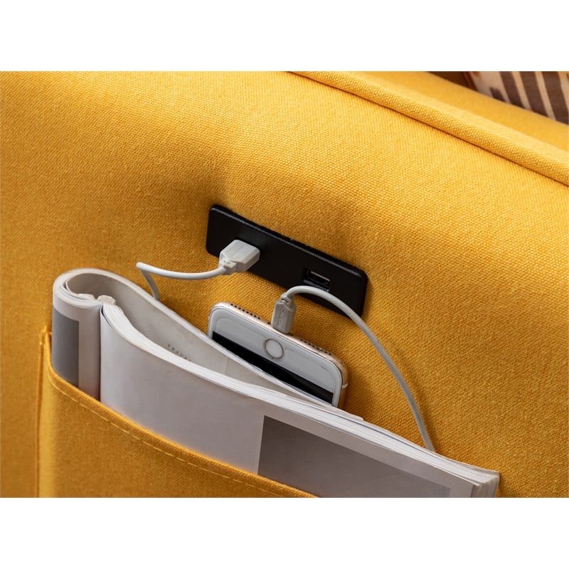Pemberly Row Fabric Sectional Sofa Chaise with USB Charger & Pillows in Yellow