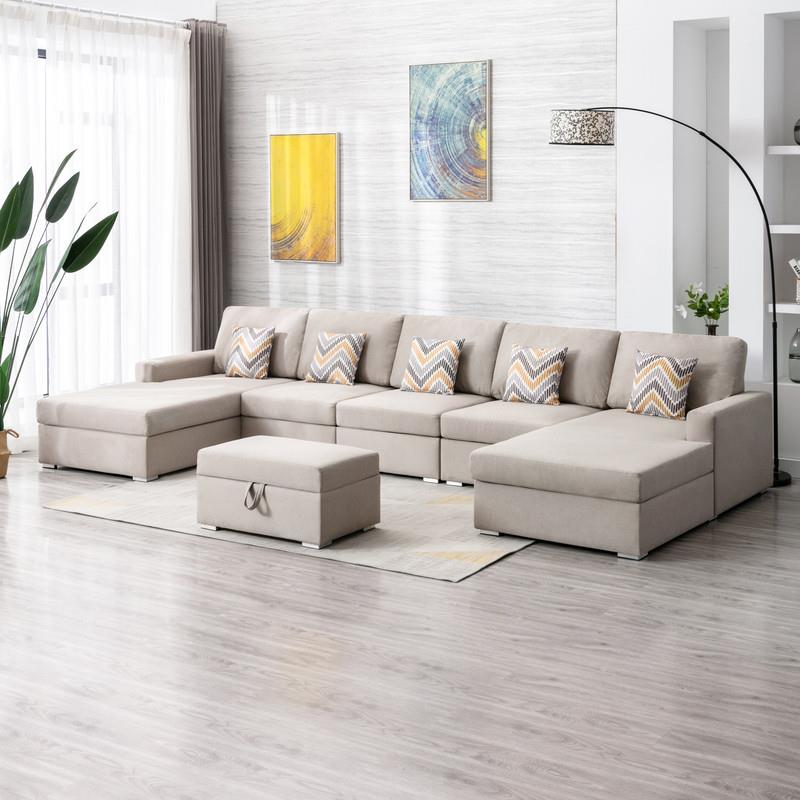 Pemberly Row Beige Fabric 6Pc Double Chaise Sectional and Ottoman