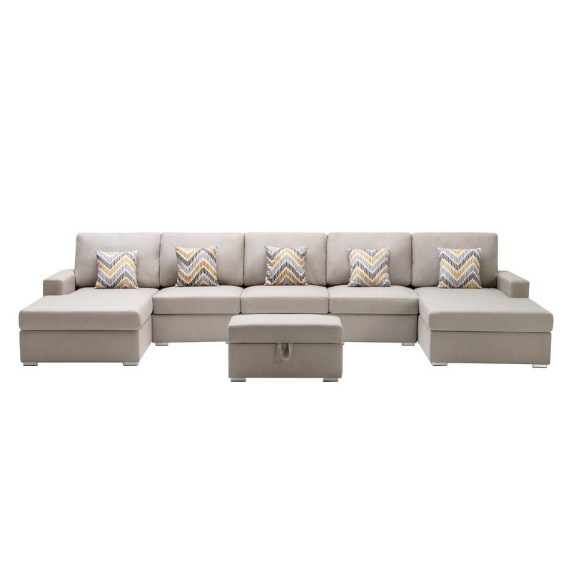Pemberly Row Beige Fabric 6Pc Double Chaise Sectional and Ottoman