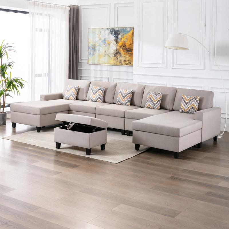 Pemberly Row Beige Fabric 6Pc Double Chaise Sectional and Ottoman
