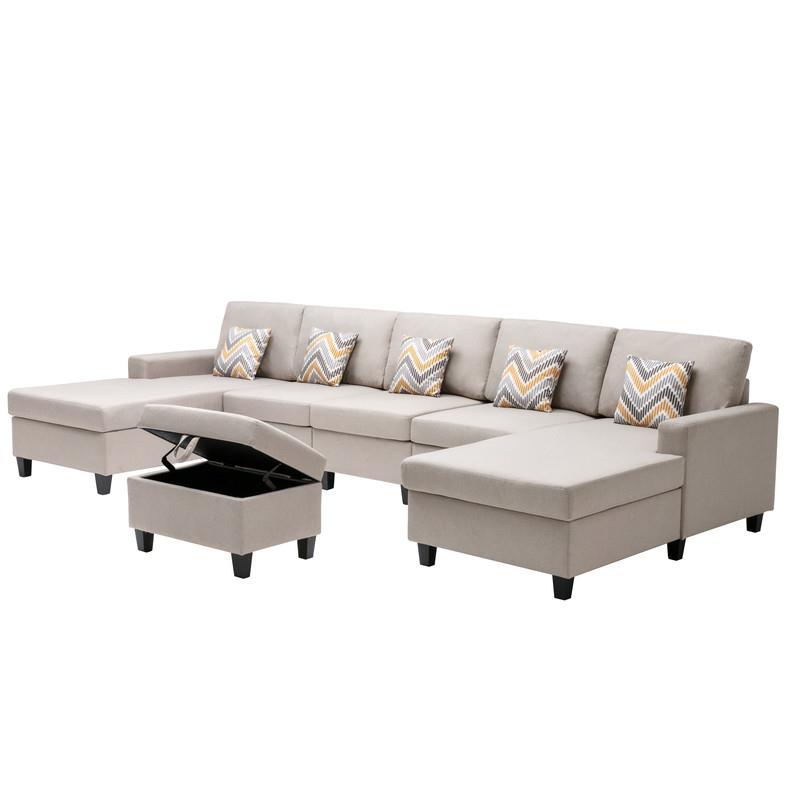 Pemberly Row Beige Fabric 6Pc Double Chaise Sectional and Ottoman