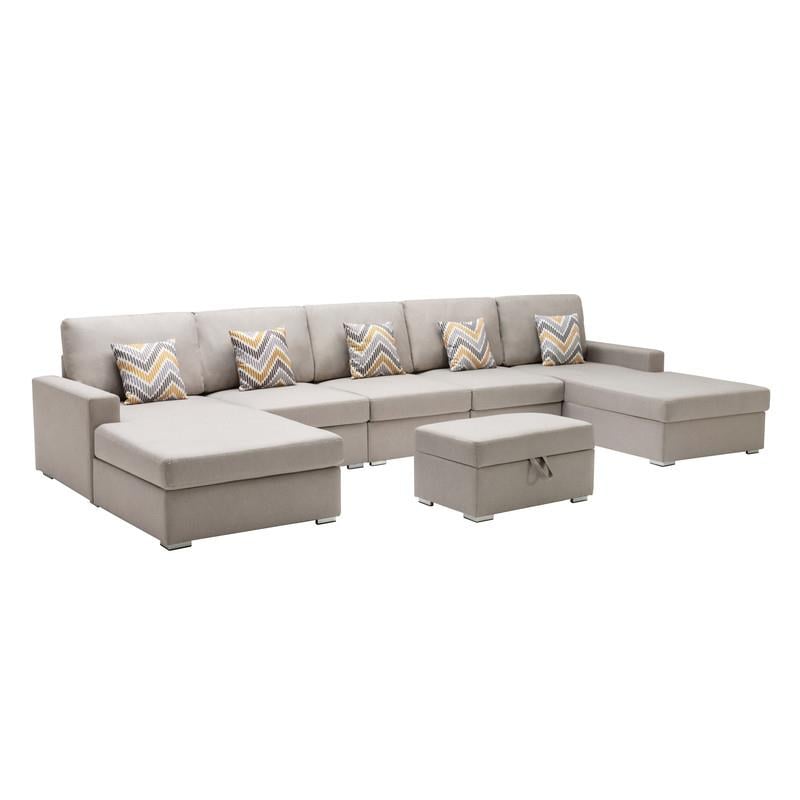 Pemberly Row Beige Fabric 6Pc Double Chaise Sectional and Ottoman