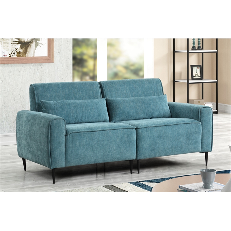 Pemberly Row Blue Chenille Sofa with Metal Legs and Throw Pillows