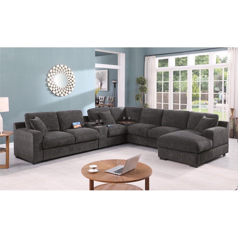 Pemberly Row Gray Fabric Sectional Rt-Facing Chaise Cupholders Charging Ports