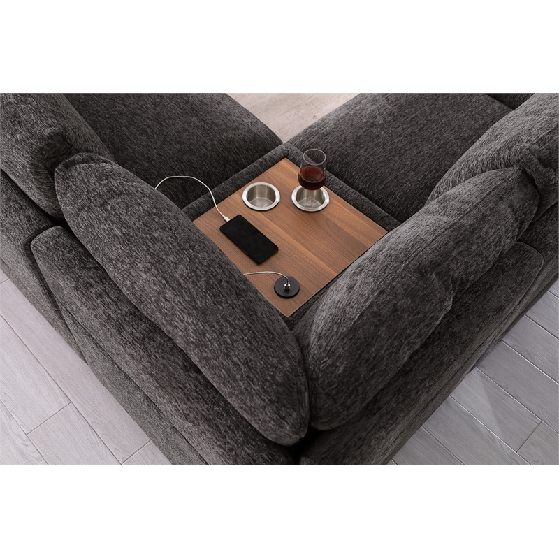 Pemberly Row Gray Fabric Sectional Rt-Facing Chaise Cupholders Charging Ports