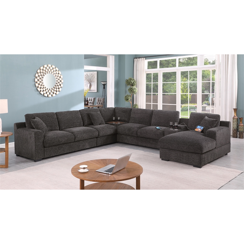 Pemberly Row Gray Fabric Sectional Rt-Facing Chaise Cupholders Charging Ports