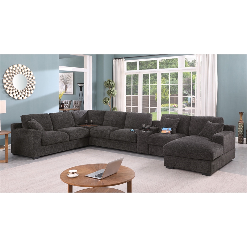 Pemberly Row Gray Fabric Sectional Rt-Facing Chaise Cupholders Charging Ports