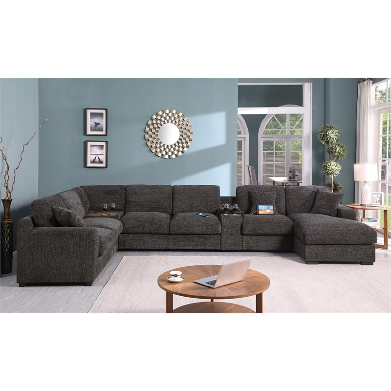 Pemberly Row Gray Fabric Sectional Rt-Facing Chaise Cupholders Charging Ports