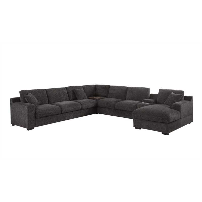 Pemberly Row Gray Fabric Sectional Rt-Facing Chaise Cupholders Charging Ports