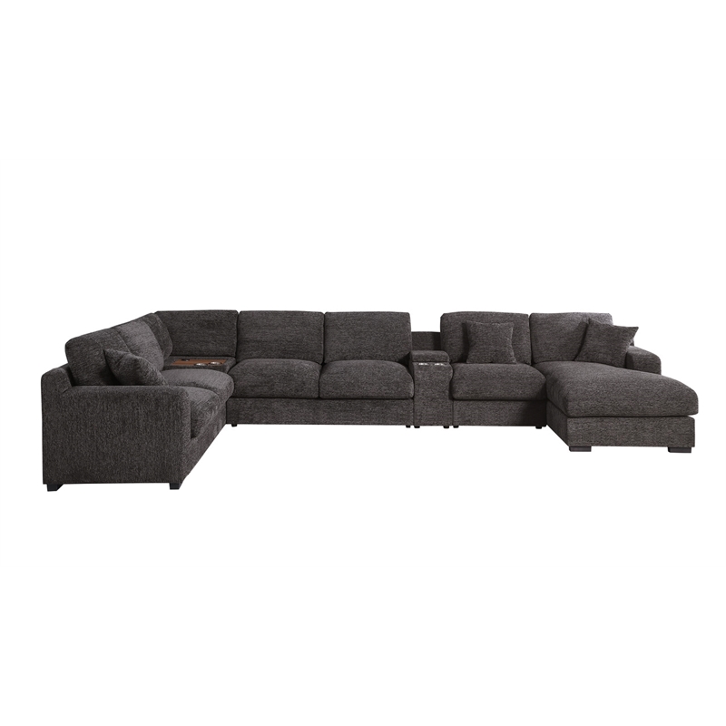Pemberly Row Gray Fabric Sectional Rt-Facing Chaise Cupholders Charging Ports