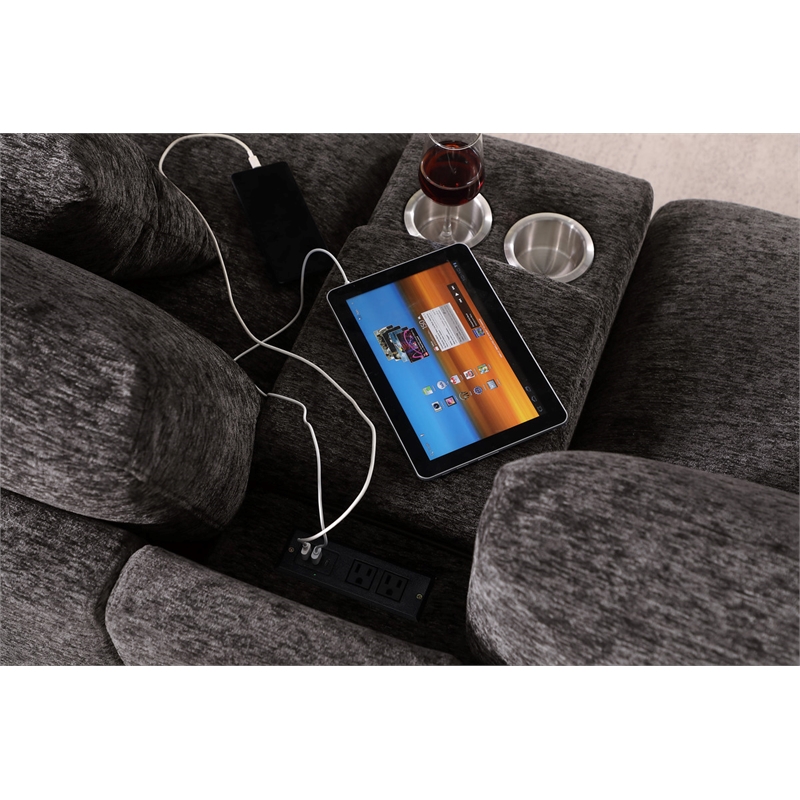 Pemberly Row Gray Fabric Sectional Rt-Facing Chaise Cupholders Charging Ports