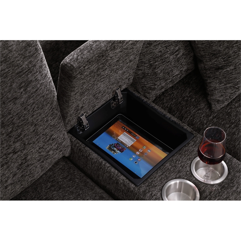 Pemberly Row Gray Fabric Sectional Rt-Facing Chaise Cupholders Charging Ports