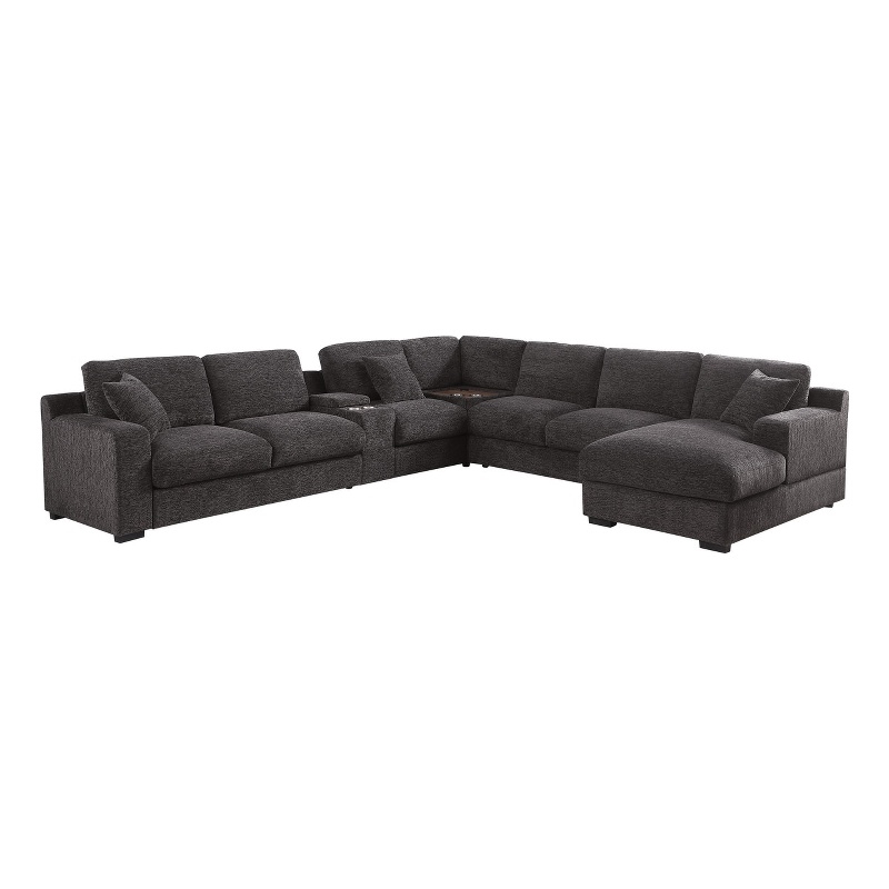 Pemberly Row Gray Fabric Sectional Rt-Facing Chaise Cupholders Charging Ports