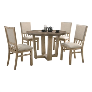 Pemberly Row Walnut 5 PC 47&quot Round Dining Table Set Wheat Beige Fabric Chairs
