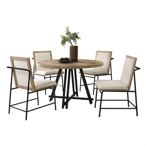 Pemberly Row Wood Oak 47&quot Round Dining Table Set w/ Cream Color Fabric Chairs