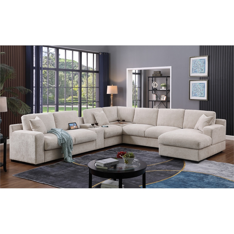 Pemberly Row Beige Chenille Fabric Sectional Chaise Cupholders Charging Ports