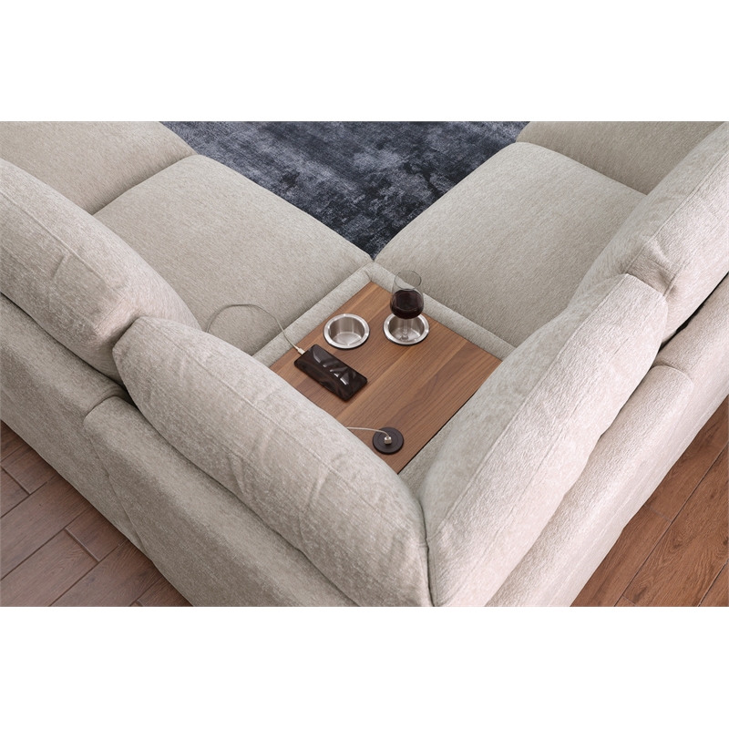 Pemberly Row Beige Chenille Fabric Sectional Chaise Cupholders Charging Ports