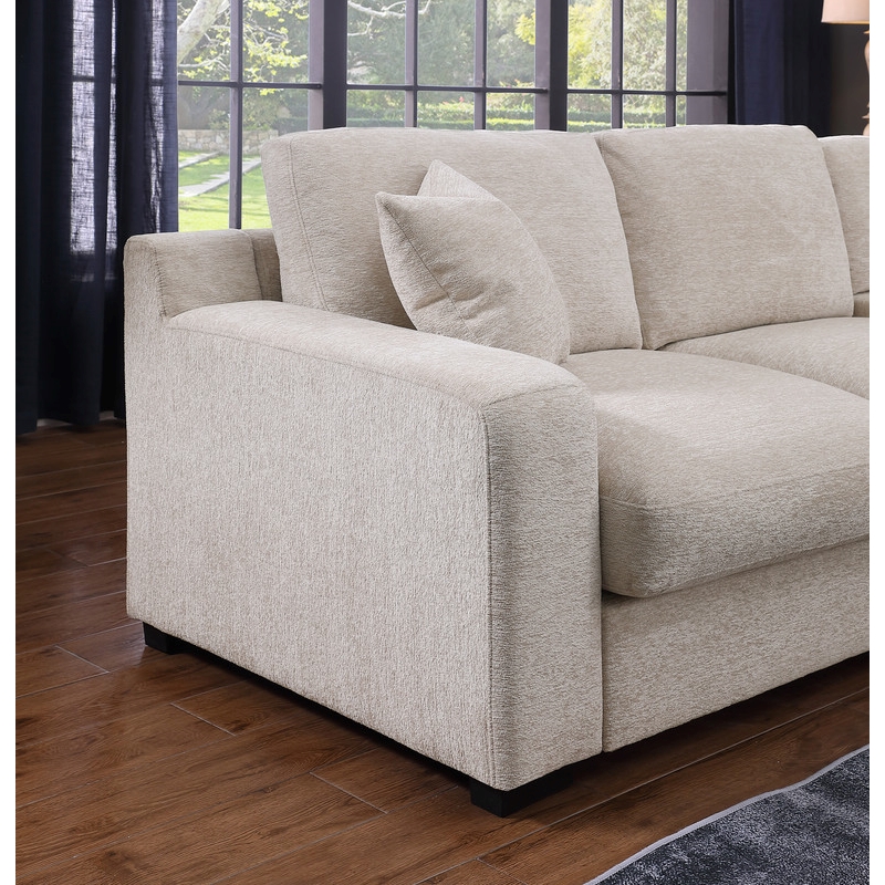 Pemberly Row Beige Chenille Fabric Sectional Chaise Cupholders Charging Ports