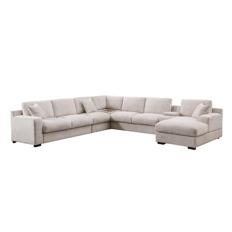 Pemberly Row Beige Chenille Fabric Sectional Chaise Cupholders Charging Ports