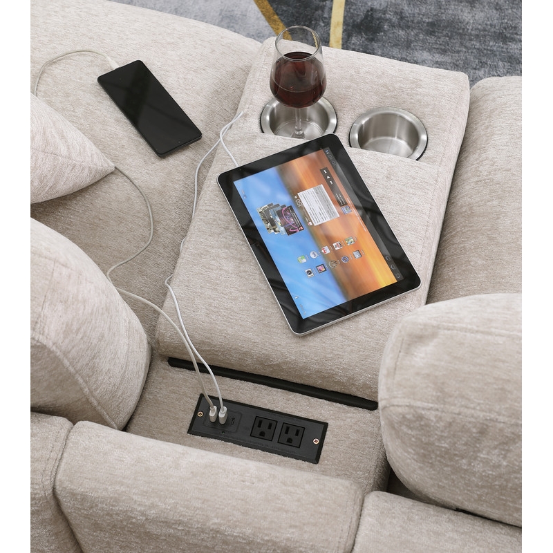 Pemberly Row Beige Chenille Fabric Sectional Chaise Cupholders Charging Ports