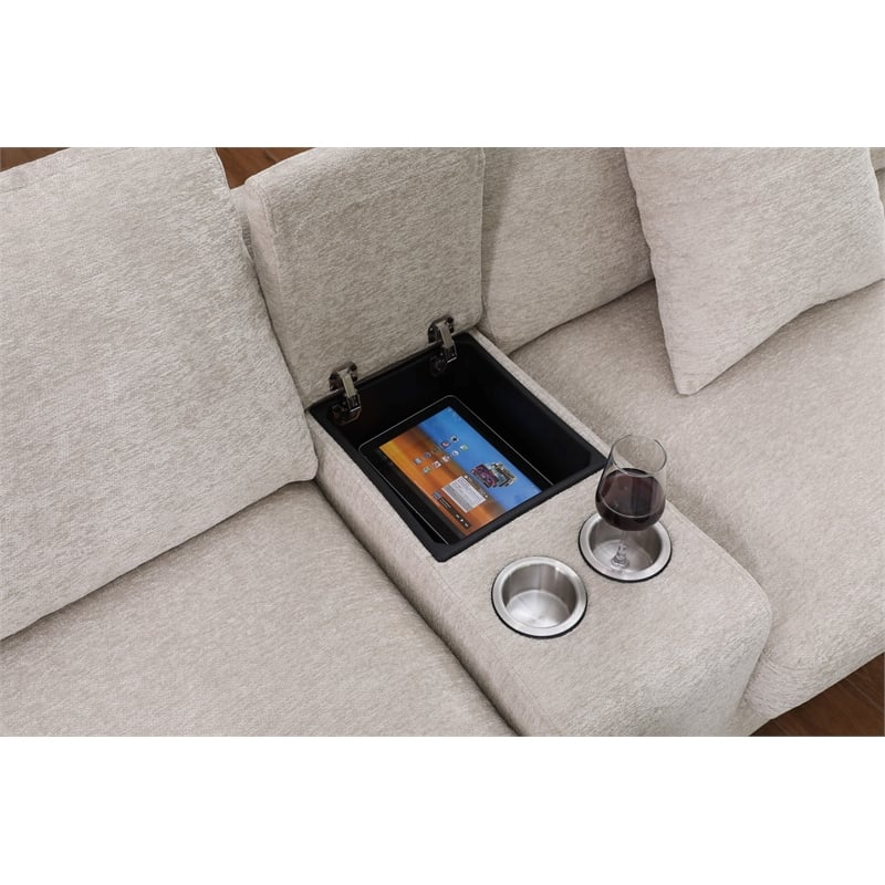 Pemberly Row Beige Chenille Fabric Sectional Chaise Cupholders Charging Ports