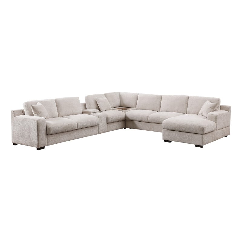 Pemberly Row Beige Chenille Fabric Sectional Chaise Cupholders Charging Ports