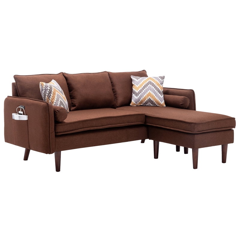Pemberly Row Fabric Sectional Sofa Chaise with USB Charger & Pillows in Brown