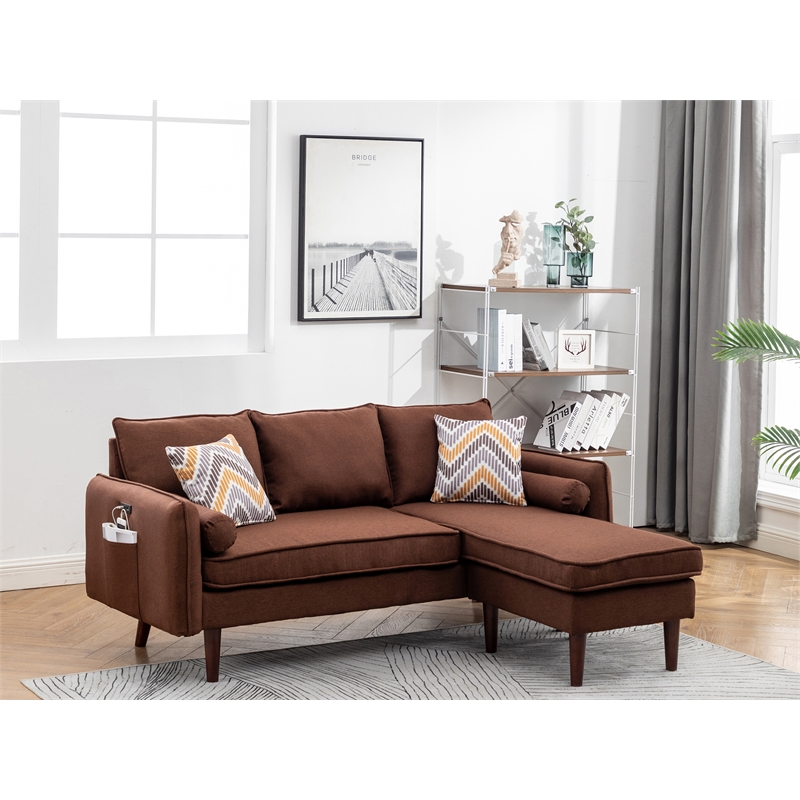 Pemberly Row Fabric Sectional Sofa Chaise with USB Charger & Pillows in Brown