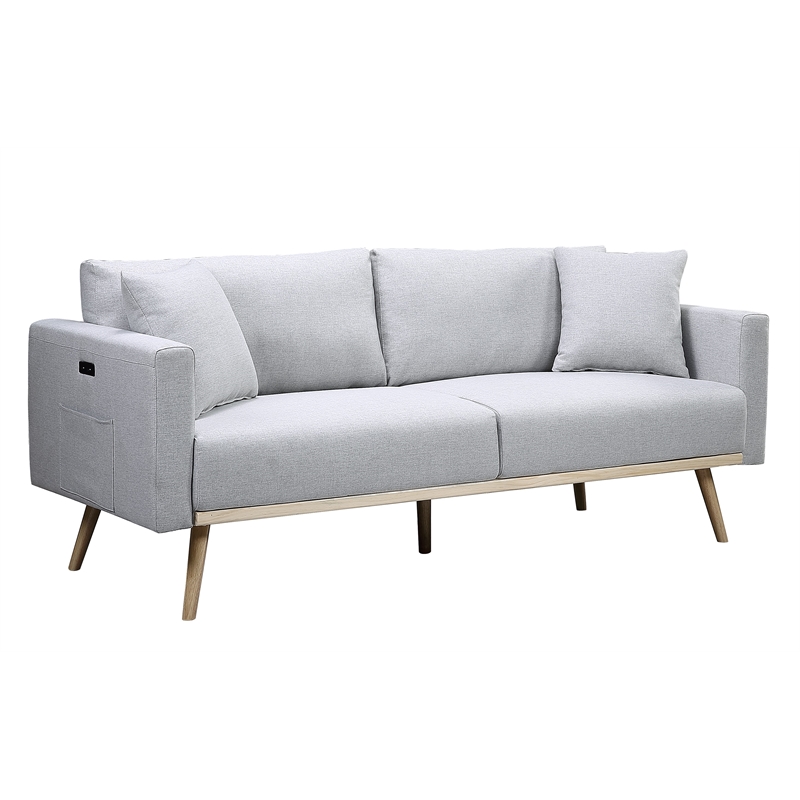 Pemberly Row Light Gray Fabric Sofa with USB Charging Ports Pockets & Pillows