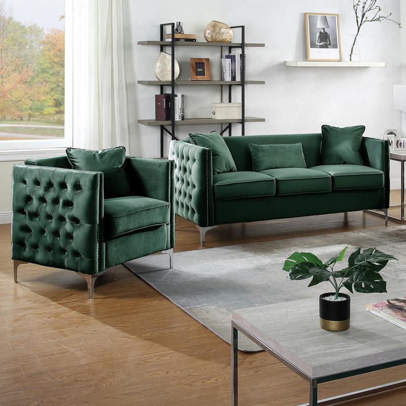Pemberly Row Modern Green Velvet Sofa Loveseat Living Room Set