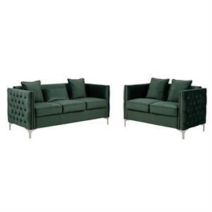 Pemberly Row Modern Green Velvet Sofa Loveseat Living Room Set