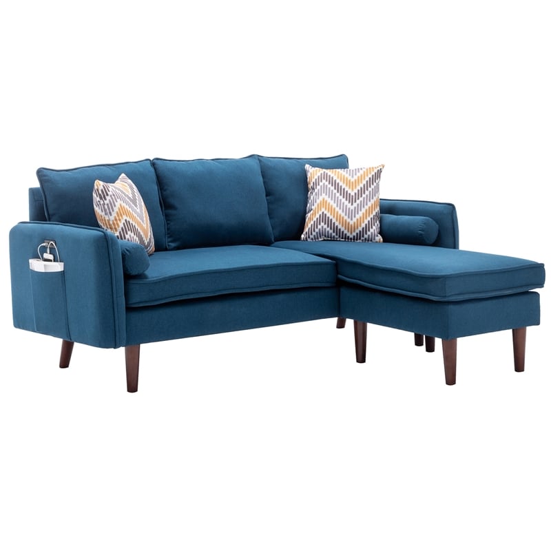 Pemberly Row Fabric Sectional Sofa Chaise with USB Charger & Pillows in Blue