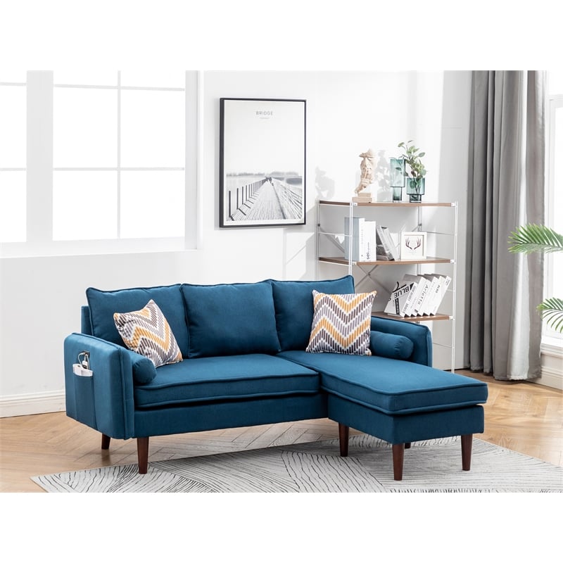 Pemberly Row Fabric Sectional Sofa Chaise with USB Charger & Pillows in Blue