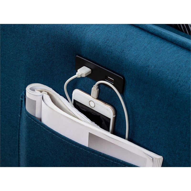 Pemberly Row Fabric Sectional Sofa Chaise with USB Charger & Pillows in Blue