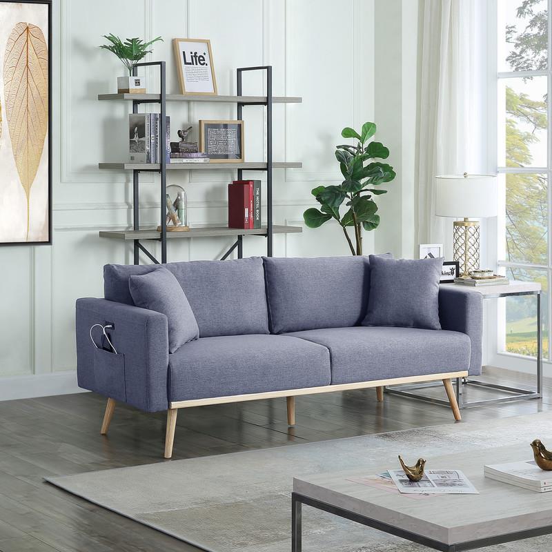 Pemberly Row Dark Gray Fabric Sofa with USB Charging Ports Pockets & Pillows