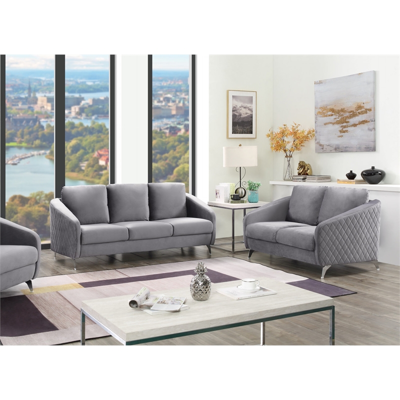 Pemberly Row Gray Velvet Fabric Sofa Loveseat Living Room Set