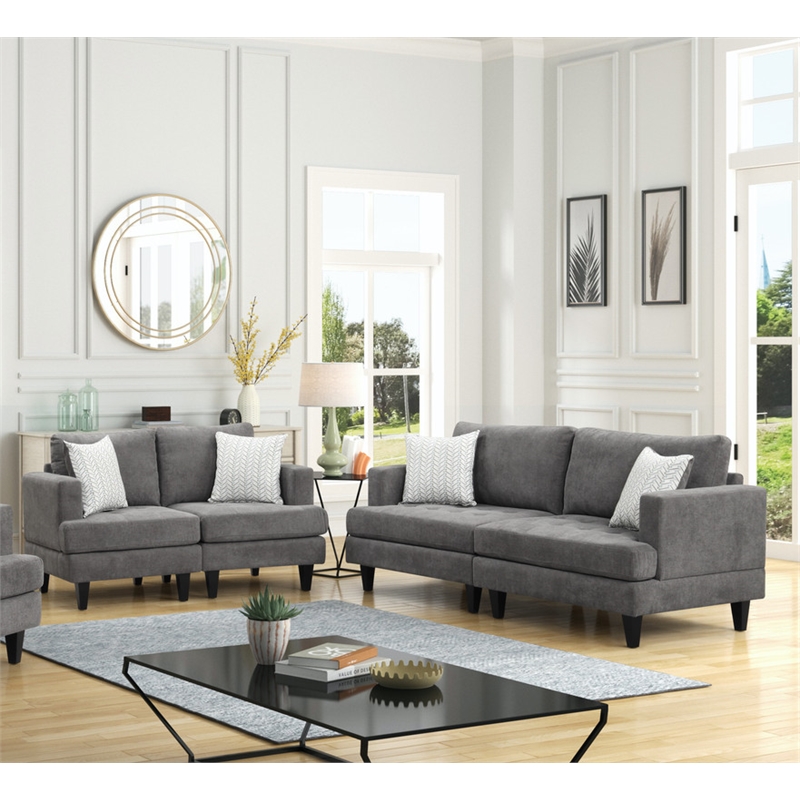 Pemberly Row Gray Chenille Sofa Loveseat Living Room Set with Throw Pillows