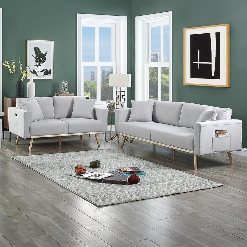 Pemberly Row Light Gray Fabric Sofa Loveseat Living Room Set with USB Ports