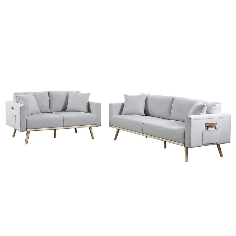 Pemberly Row Light Gray Fabric Sofa Loveseat Living Room Set with USB Ports
