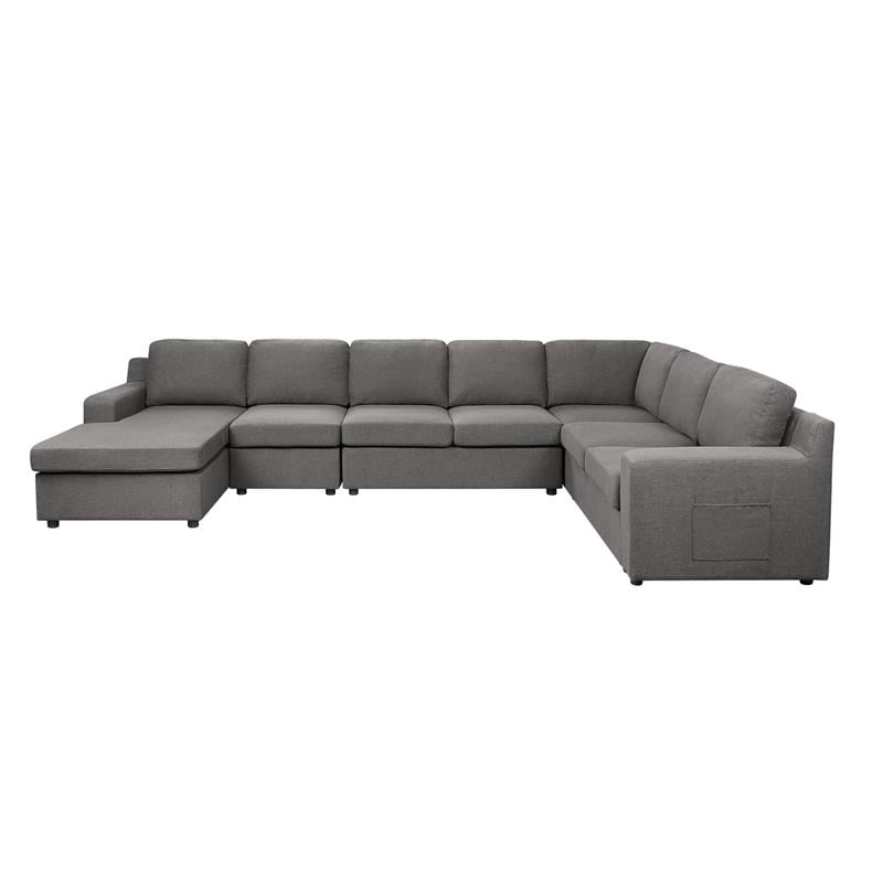 Pemberly Row Gray Fabric 7-Seater U-Shape Sectional Sofa Chaise with Pocket
