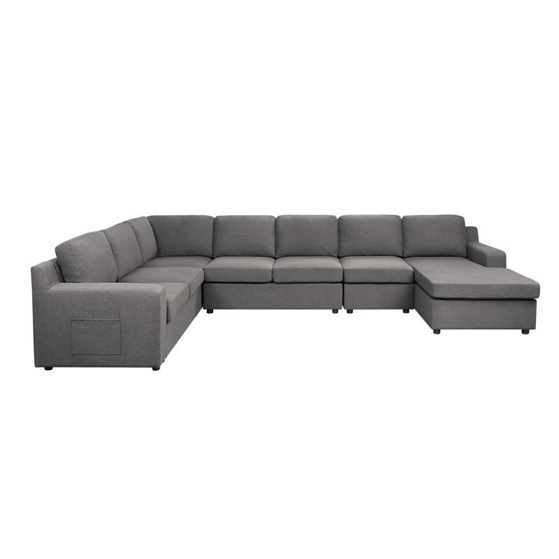 Pemberly Row Gray Fabric 7-Seater U-Shape Sectional Sofa Chaise with Pocket