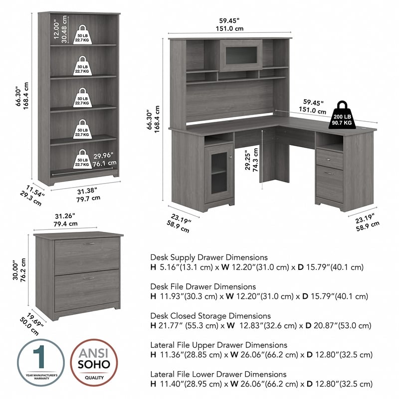 Pemberly Row Engineered Wood L Shaped Desk with Hutch and Storage in Modern Gray