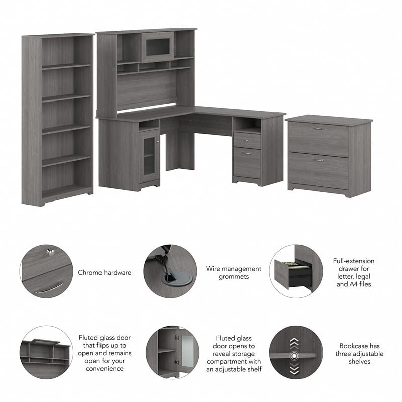 Pemberly Row Engineered Wood L Shaped Desk with Hutch and Storage in Modern Gray