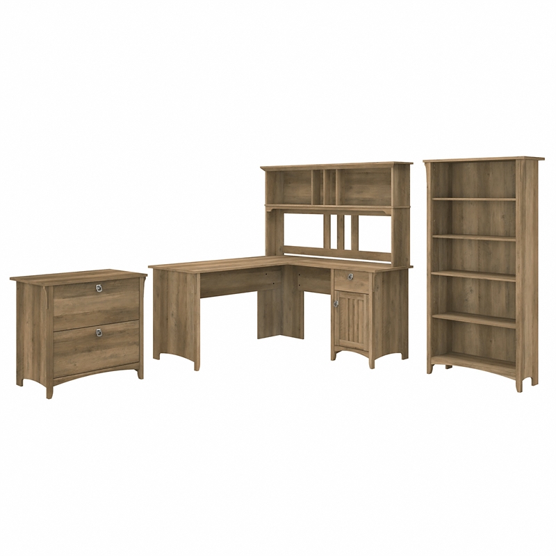 Pemberly Row Engineered Wood L Shaped Desk with Hutch & Storage - Reclaimed Pine