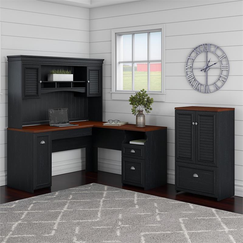 Pemberly Row Engineered Wood L Shaped Desk with Hutch & Storage Cabinet - Black