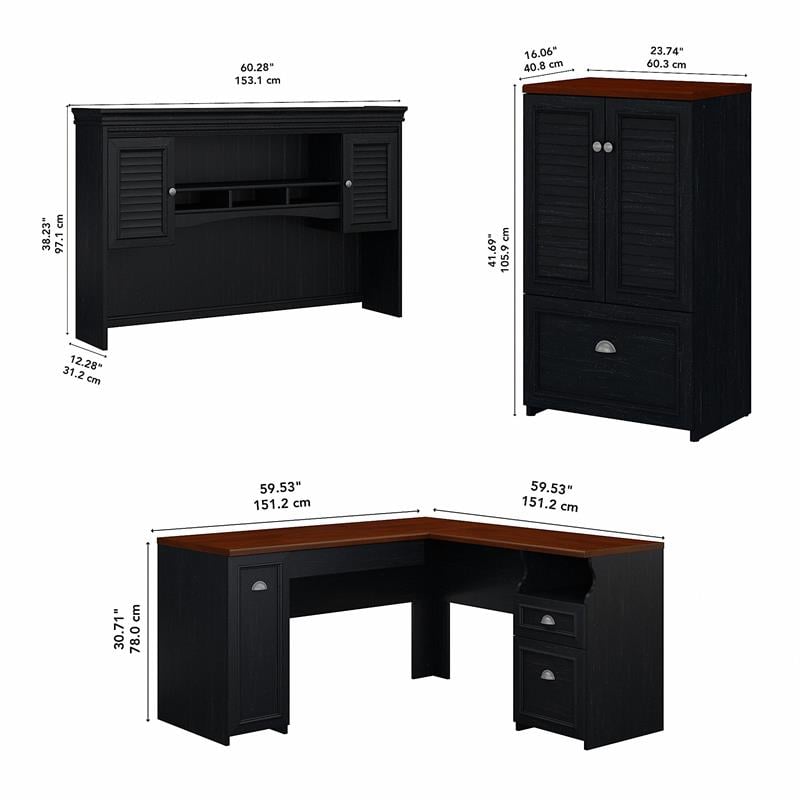 Pemberly Row Engineered Wood L Shaped Desk with Hutch & Storage Cabinet - Black