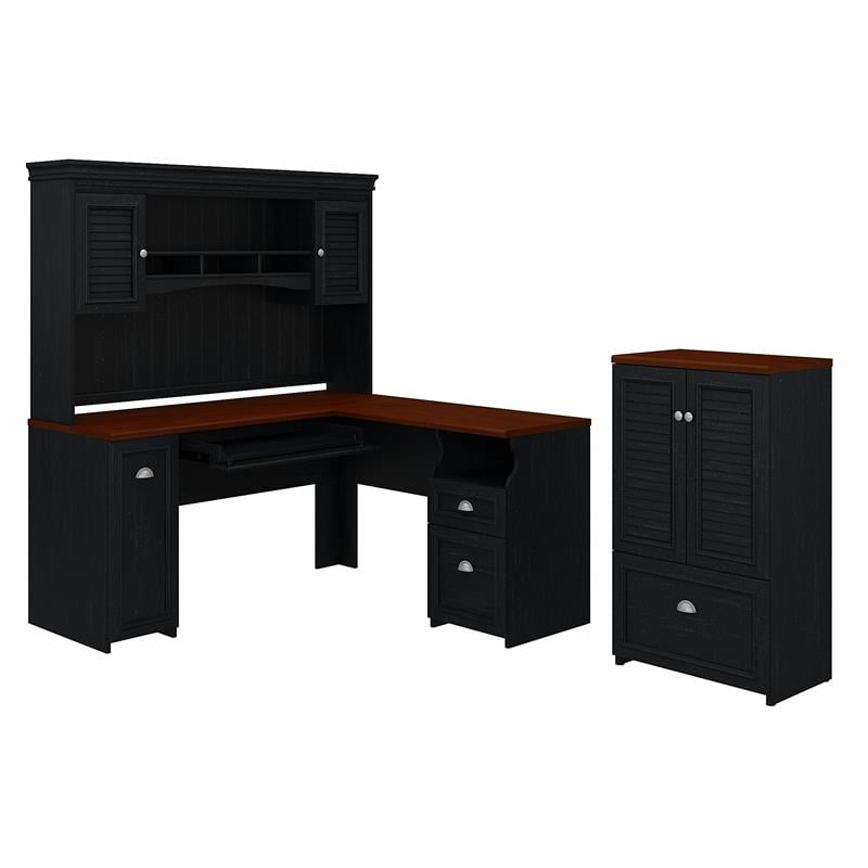 Pemberly Row Engineered Wood L Shaped Desk with Hutch & Storage Cabinet - Black